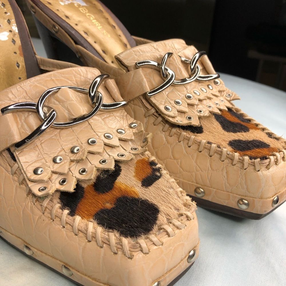 BCBGirls Western Croco Leather Heel Tan Mules Clogs Leopard Ponyhair Sz 7.5
